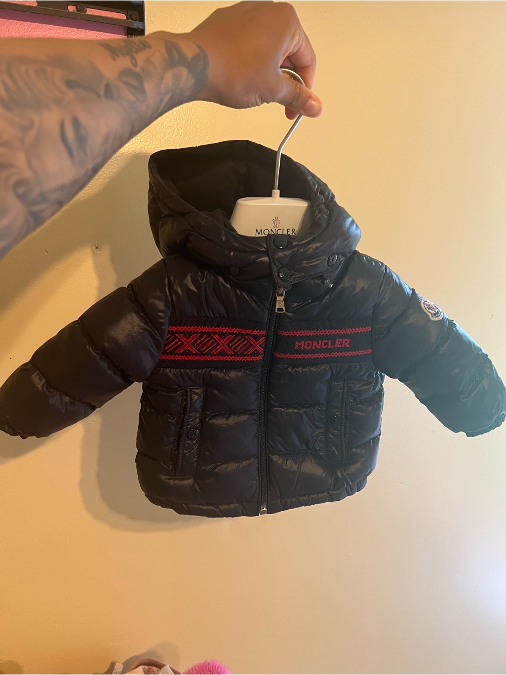 Moncler Black Puffer Jacket With Red Stripe - Kids